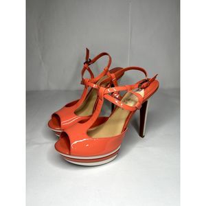 Gianni Bini Peach Patent Leather Strappy Stack Peep Toe Platform Stiletto Heels